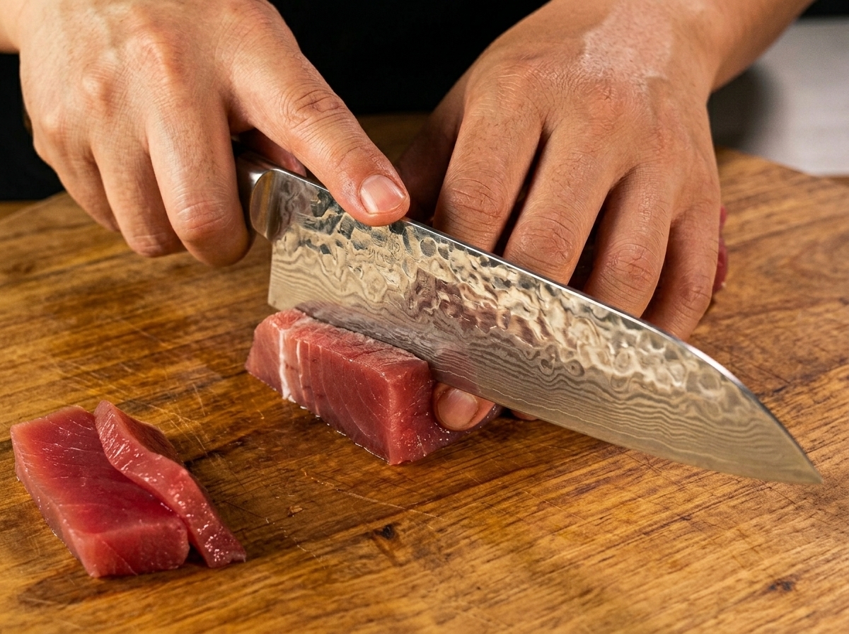鋭い包丁でマグロを厚切りにしている様子。