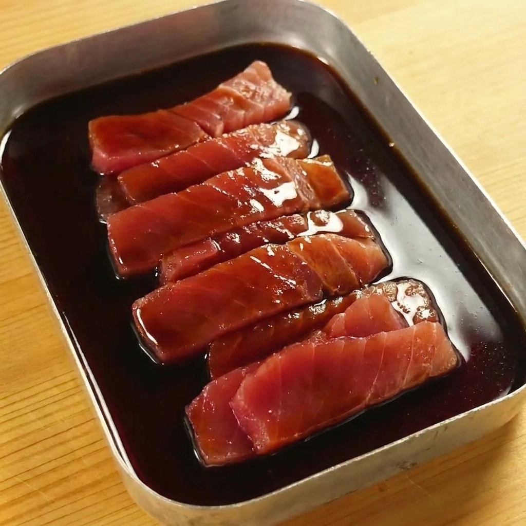 冷めたタレをマグロの切り身に回しかけている様子。
