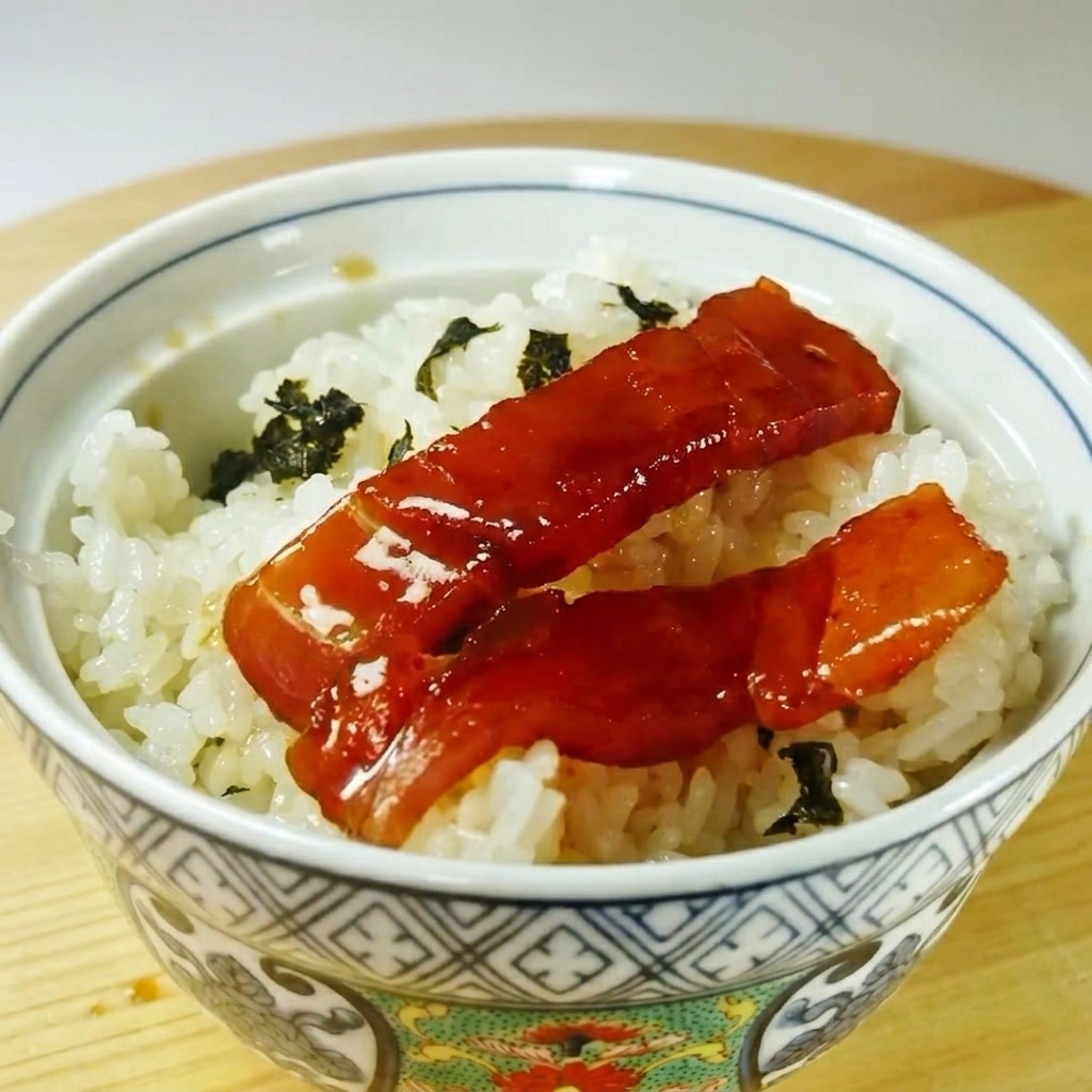 ご飯の上に刻み海苔と漬けマグロ、ワサビが盛り付けられた完成品。