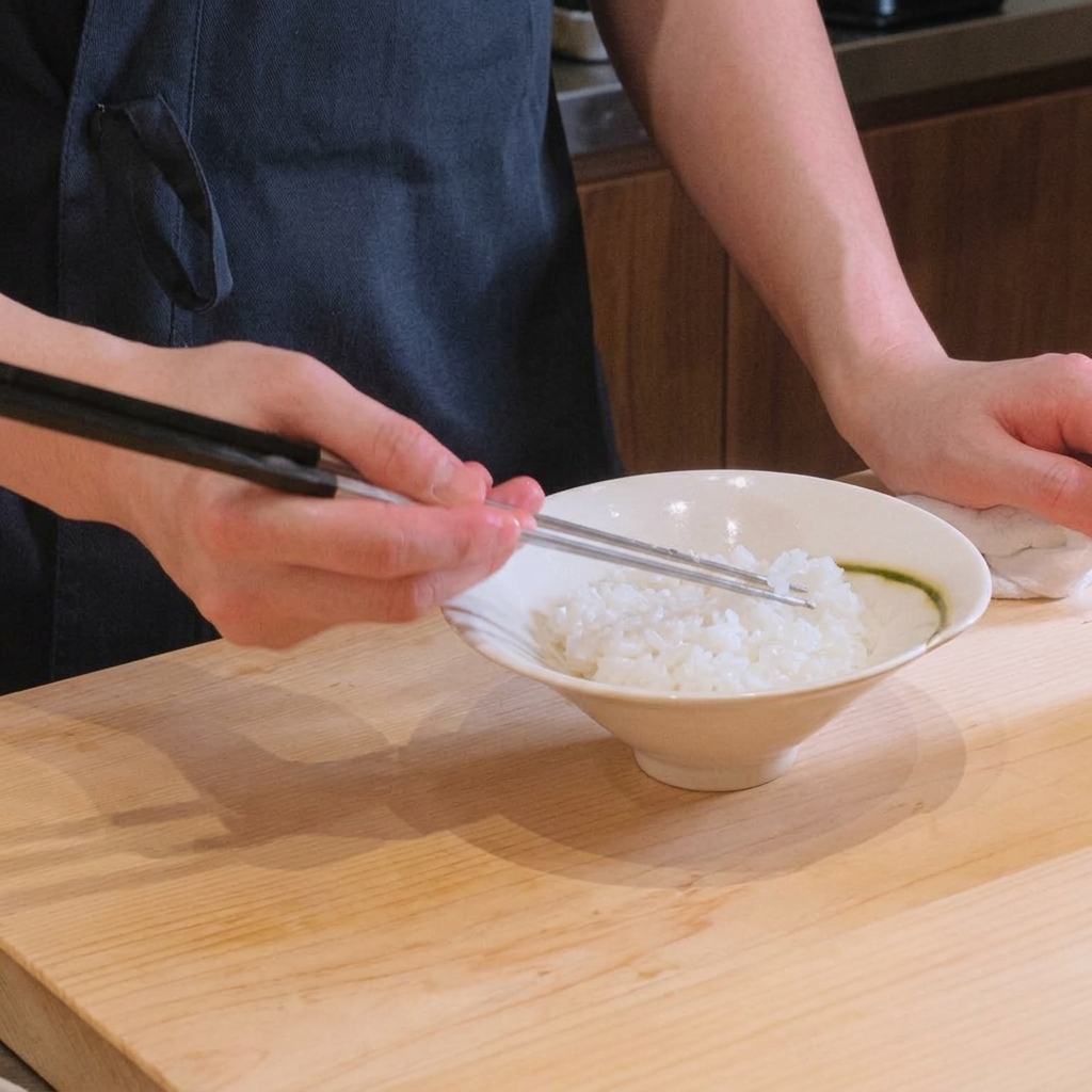 白い丼ぶりに温かいご飯を盛り付け、箸で平らに広げている様子。