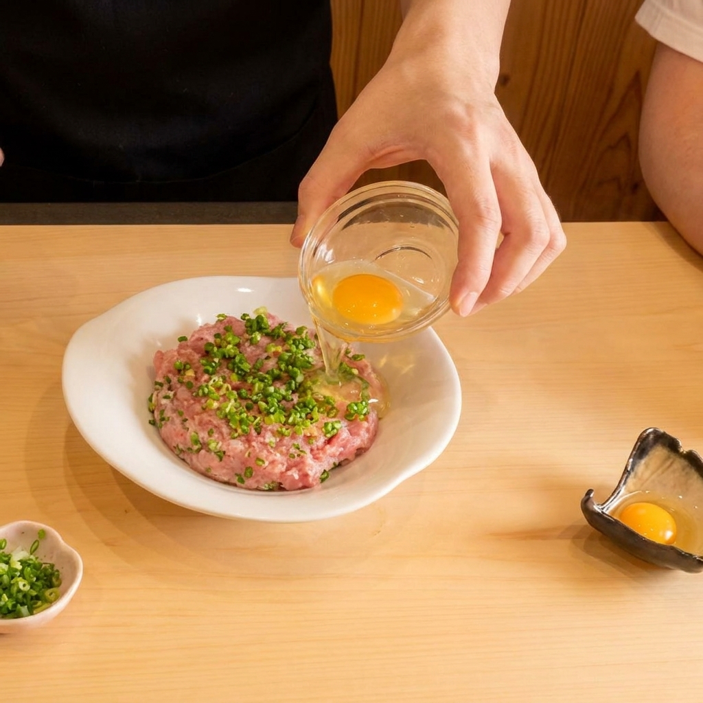 ネギトロ丼の中央に、生の卵黄をそっと落としている様子。