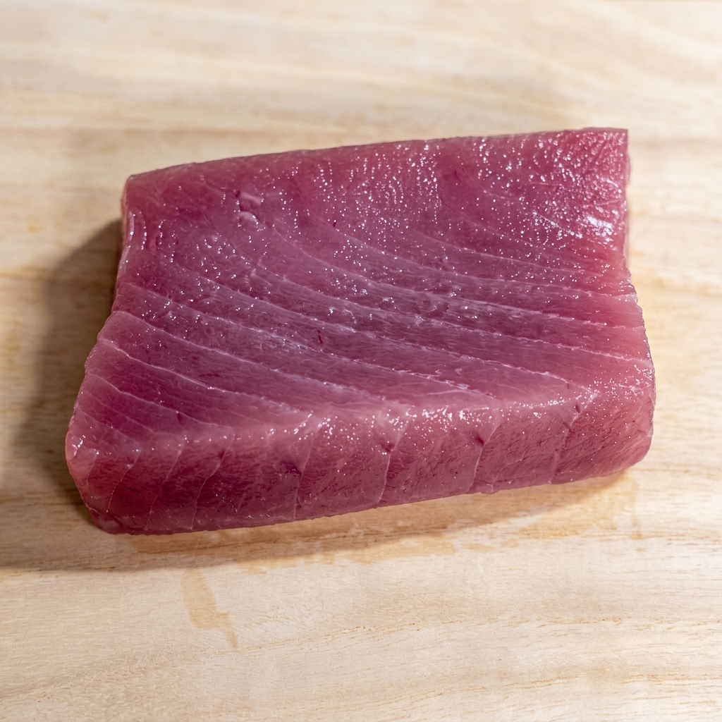 新鮮な刺身用マグロのサクを一口大の角切りにしている様子。