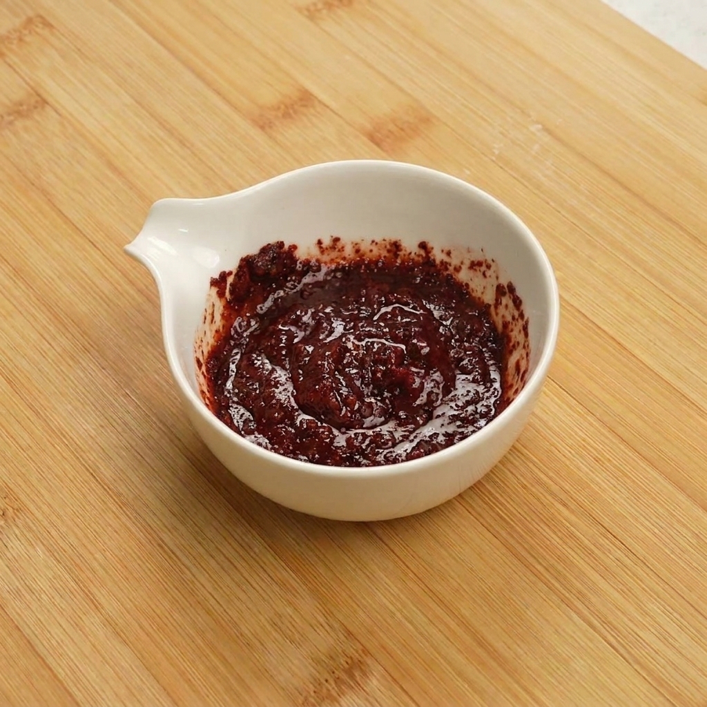 白いボウルの中で、赤い合わせ調味料を小さなスパチュラで混ぜている様子。