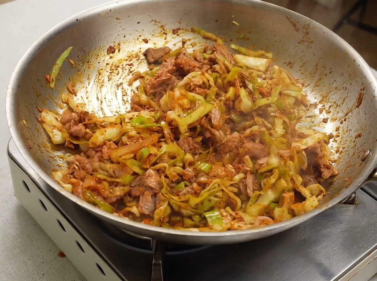 ステンレスフライパンの中で、赤く色づいたキャベツ、ツナ、青ねぎが均等に混ざり合っている状態。