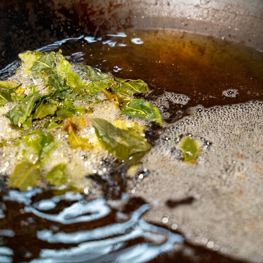 熱した油の入った中華鍋で、泡を立てながら揚げられている緑茶葉