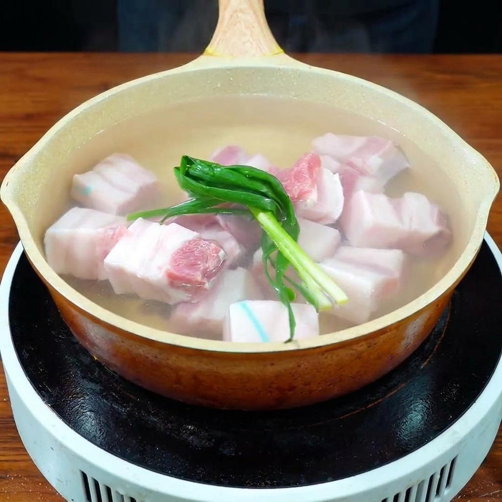 鍋にたっぷりの水を張り、豚バラ肉、長ねぎ、生姜を入れて煮込んでいる様子。