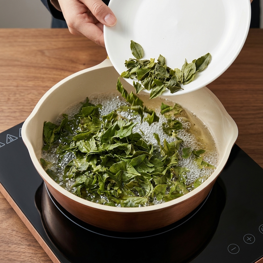 熱した油の入ったフライパンに、白いお皿から水気を切った茶葉を加えている様子。