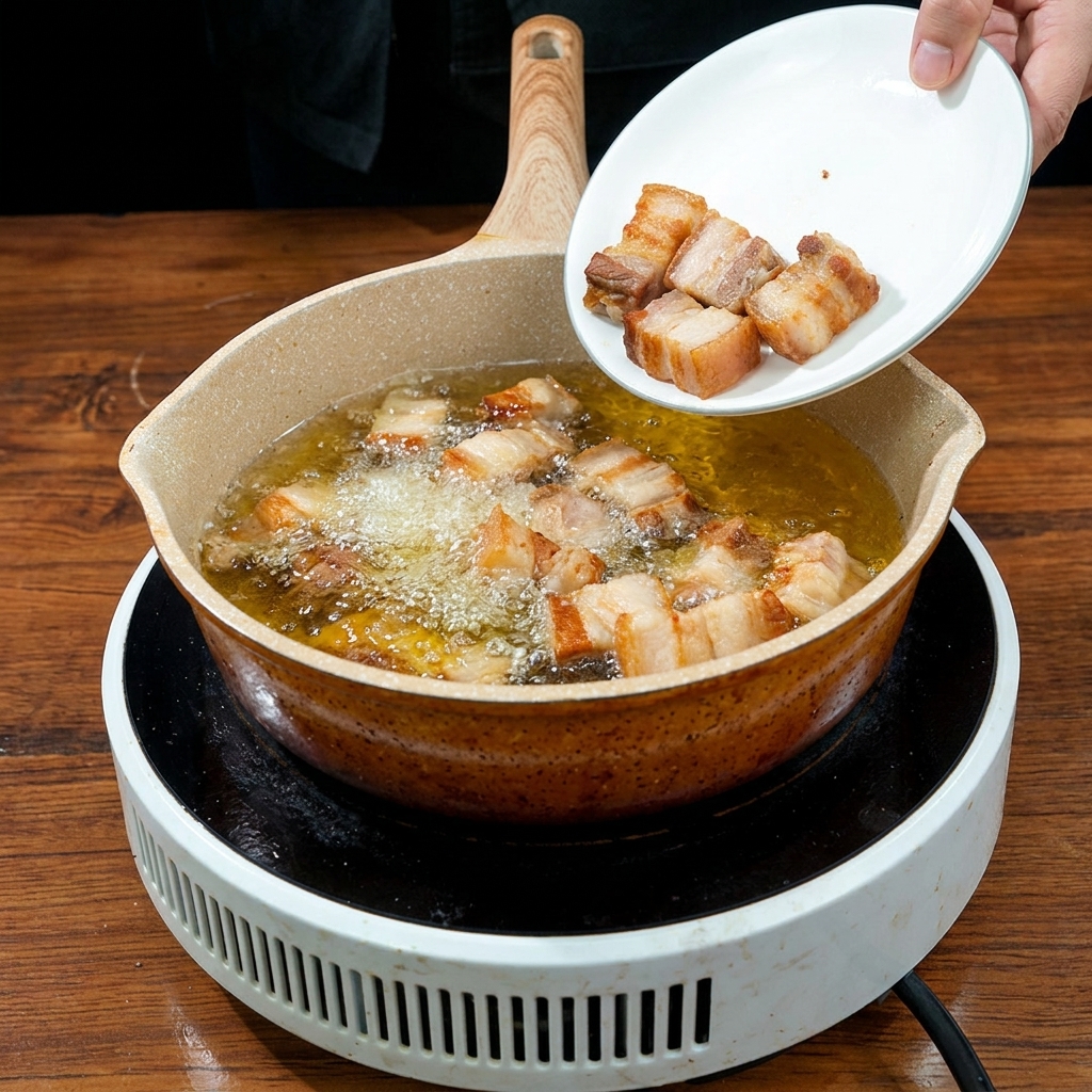 下茹でした豚肉を、茶葉の香りが移った油の入ったフライパンに入れている様子。