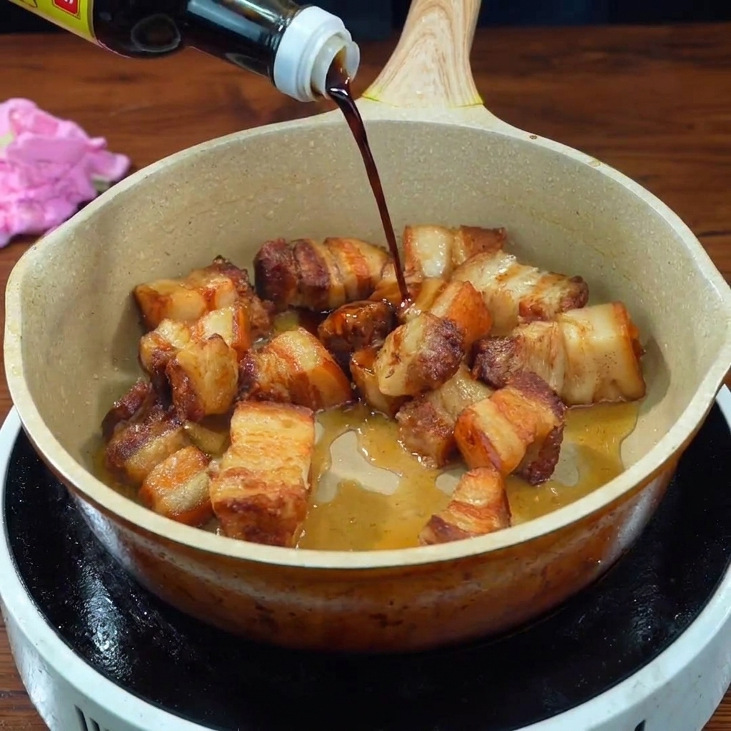 こんがり焼けた豚肉の入ったフライパンに、ボトルから醤油を注ぎ入れている様子。