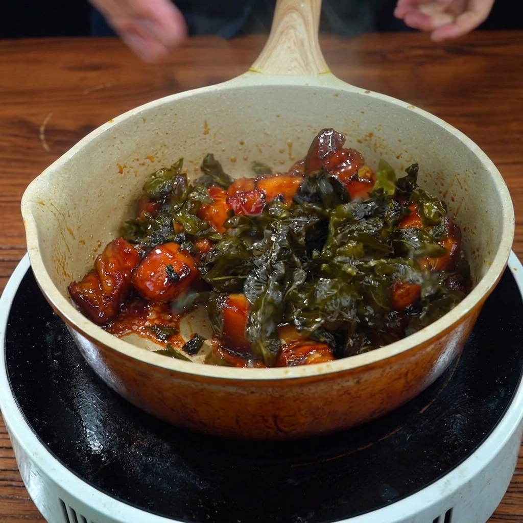 とろみのあるツヤツヤのタレが絡んだ豚肉に、サクサクの揚げ茶葉を混ぜ合わせているフライパンのアップ。