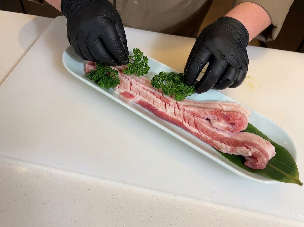 黒い手袋をした手が、笹の葉を敷いた白い皿の上の豚バラ肉にパセリを添えている様子。