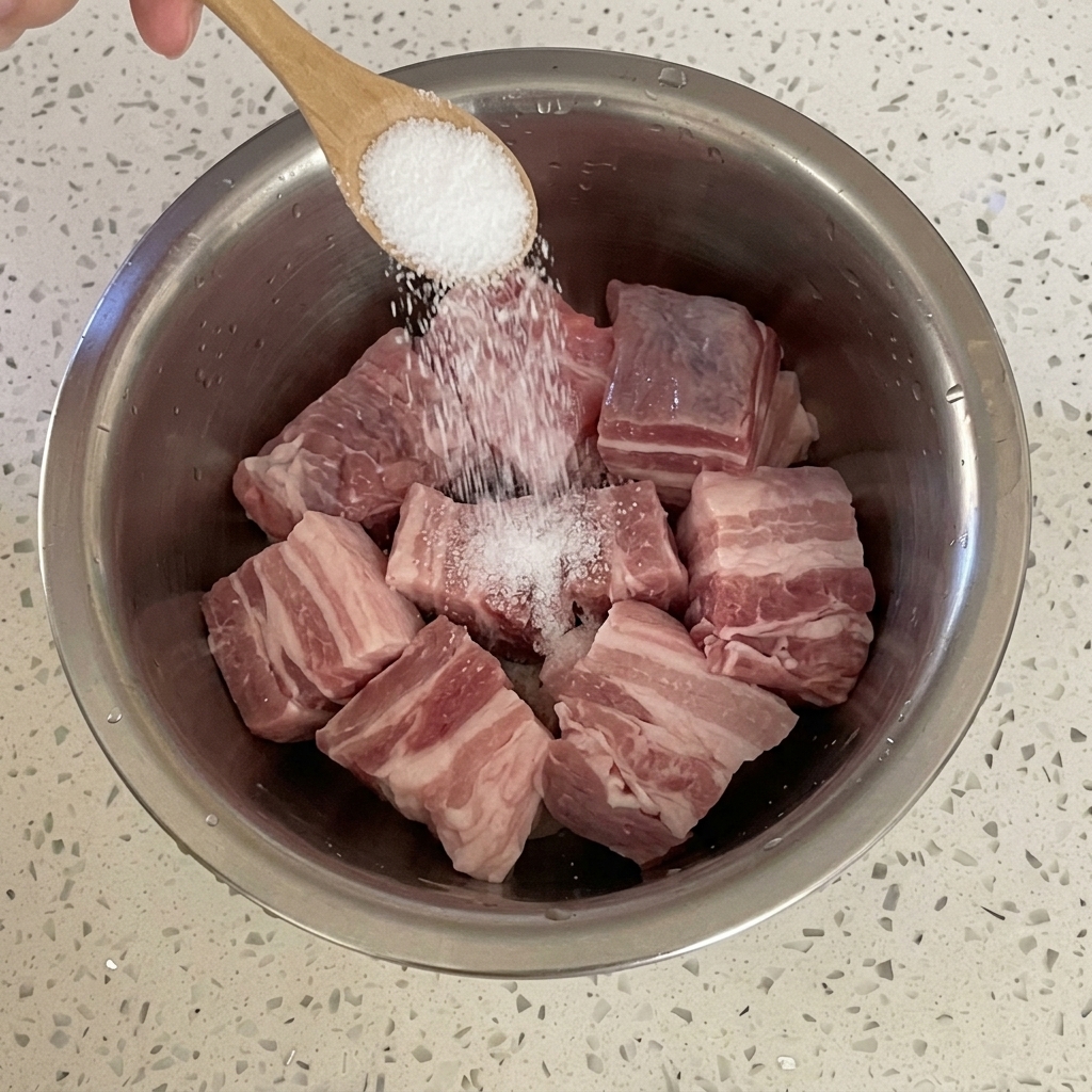 金属製のボウルに入った豚肉に、木製のスプーンで塩を振りかけている様子。