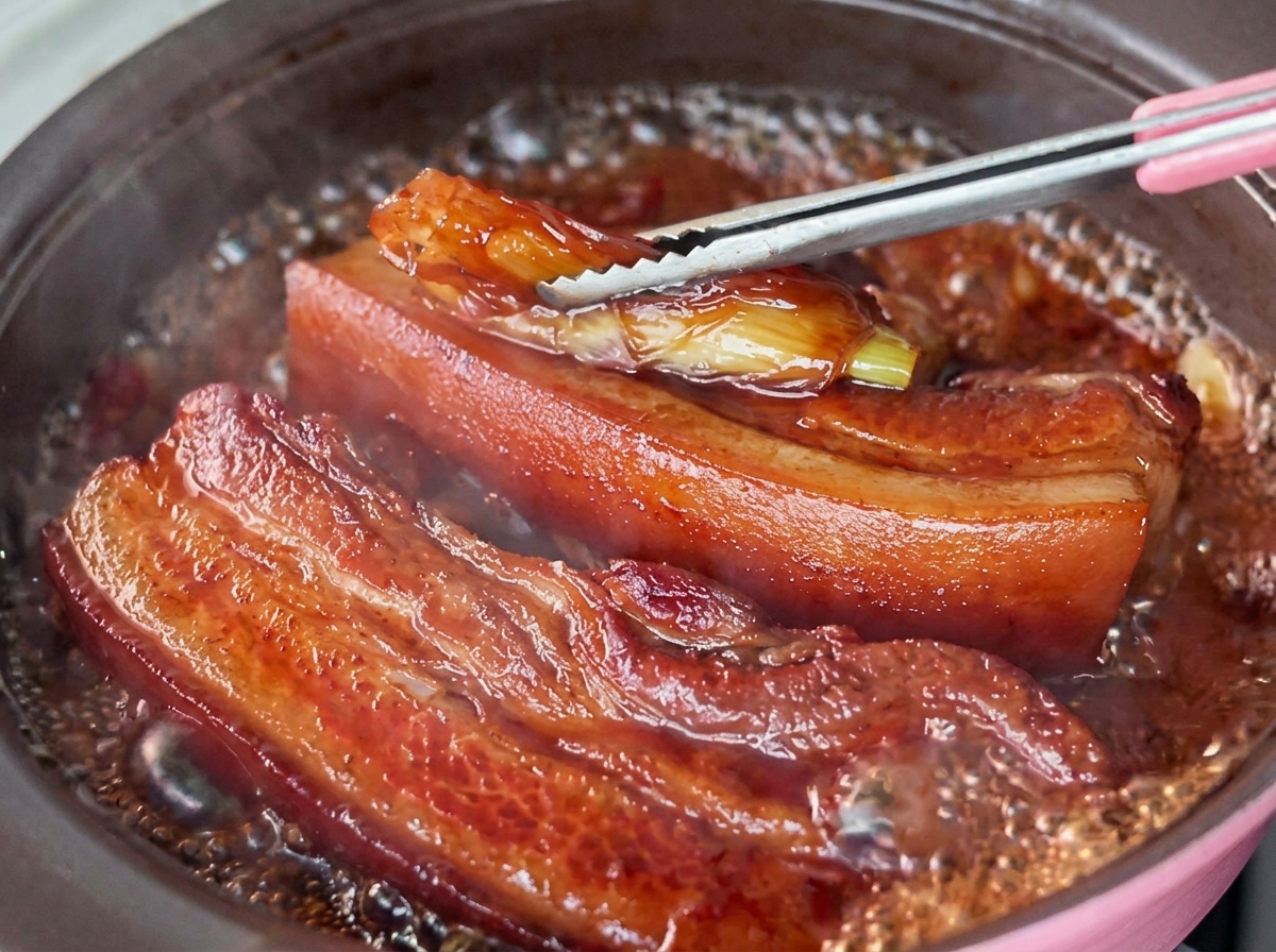 豚バラ肉の横で沸き立つ濃い色のソースから、柔らかくなった長ねぎをトングで取り出している様子