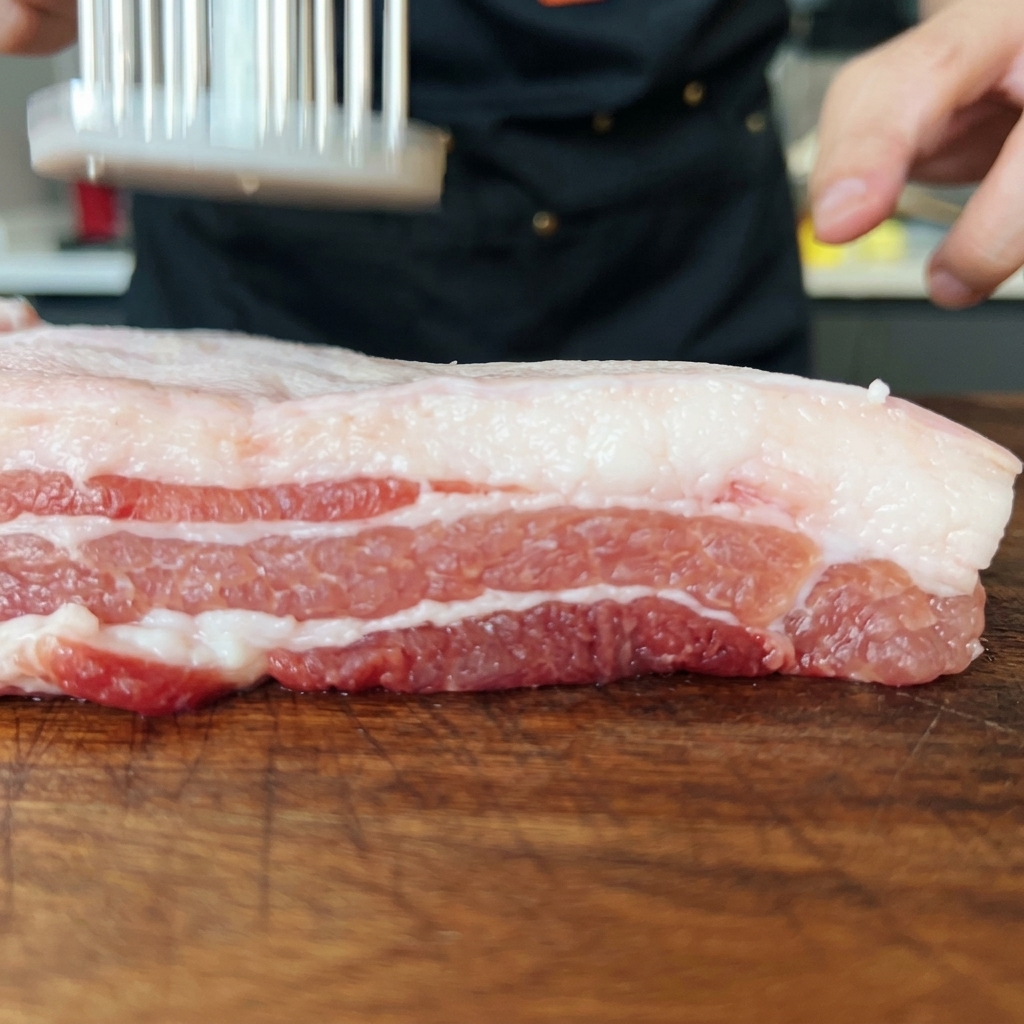 肉たたきを使って豚バラ肉の皮目に細かく切り込みを入れている様子。