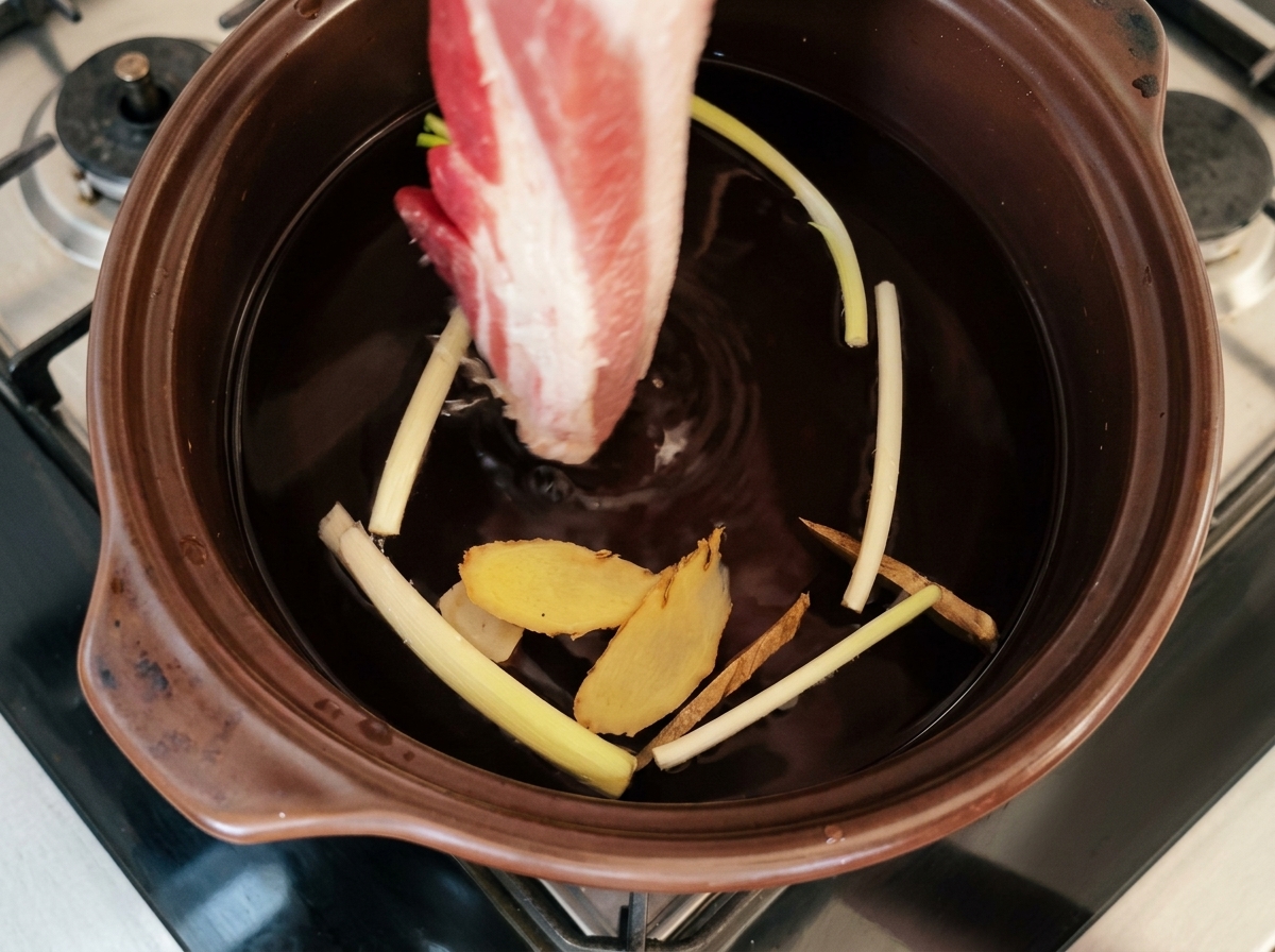 生姜とねぎと一緒に鍋で煮込まれている豚バラ肉。