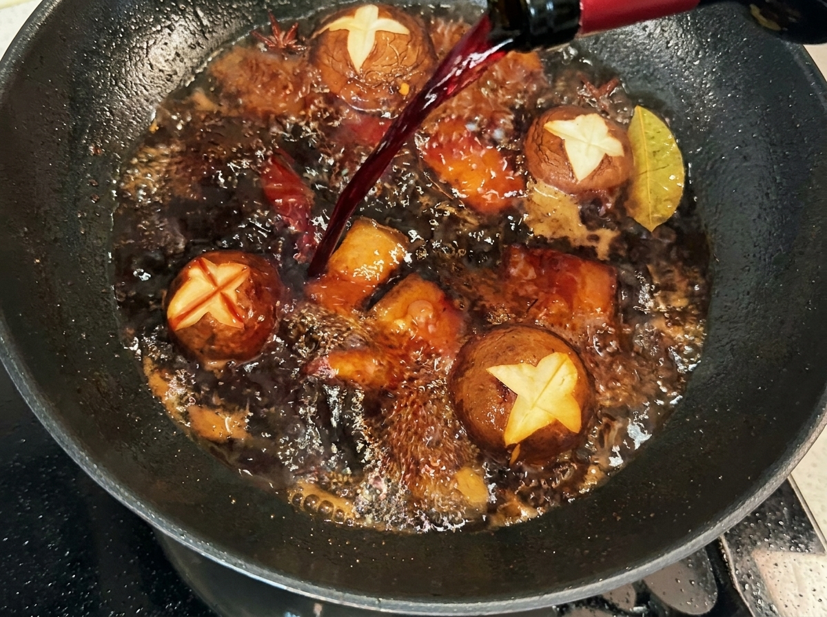 豚肉に赤ワインとスパイスを加えて煮込んでいる様子。