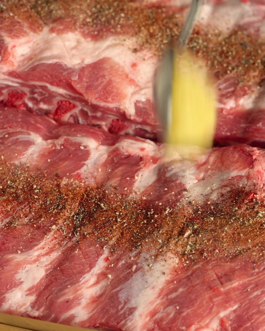 下味をつけた肉の上に、たっぷりのおろしにんにくをスプーンで乗せている場面。