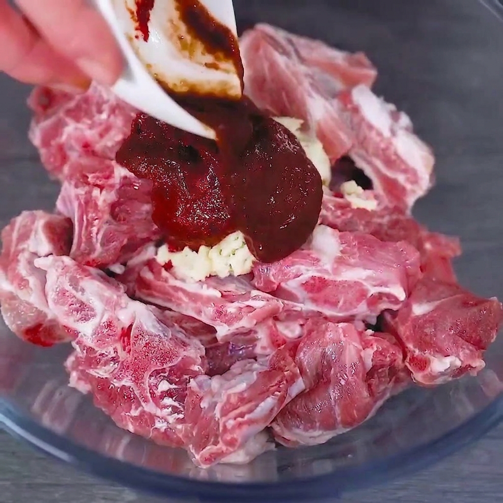 生肉のポークリブが入ったガラスボウルに、赤いチリソースとみじん切りにしたにんにくが乗っている様子。