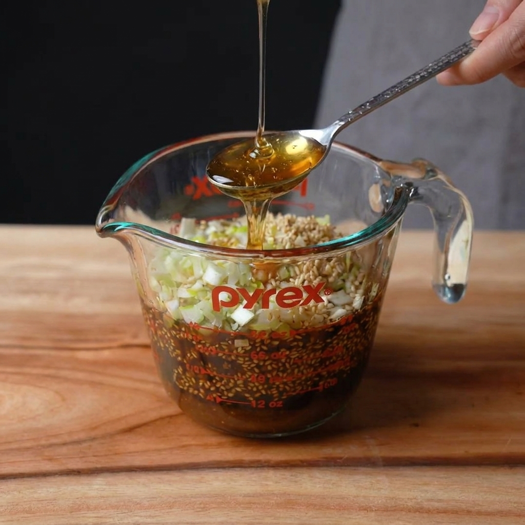 醤油、刻みねぎ、にんにくを計量カップで混ぜ合わせる準備。