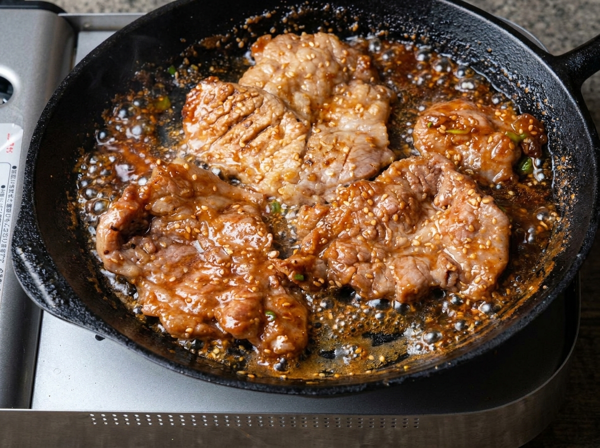 フライパンの中で焼けている豚肉を、キッチンバサミで小さくカットしている様子。