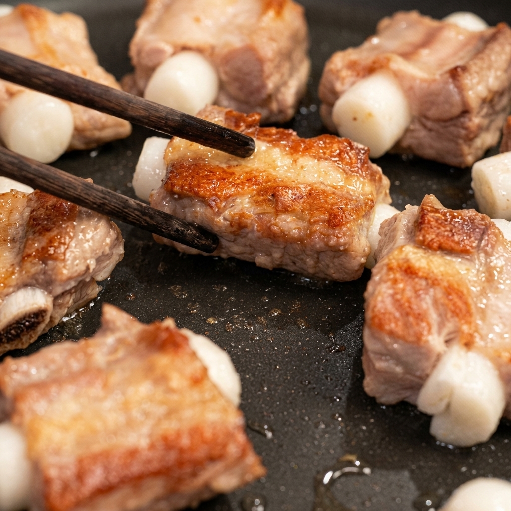 こんがりと焼き色のついたトッポギ入りのスペアリブを箸で裏返している様子。