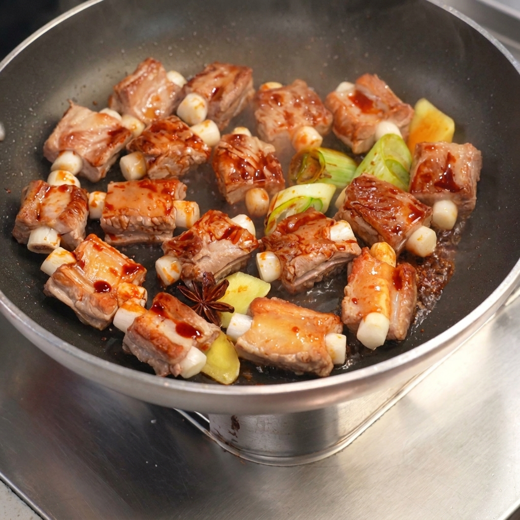 新鮮な香味野菜と一緒に、濃厚な黒っぽいタレで煮込まれているスペアリブ。