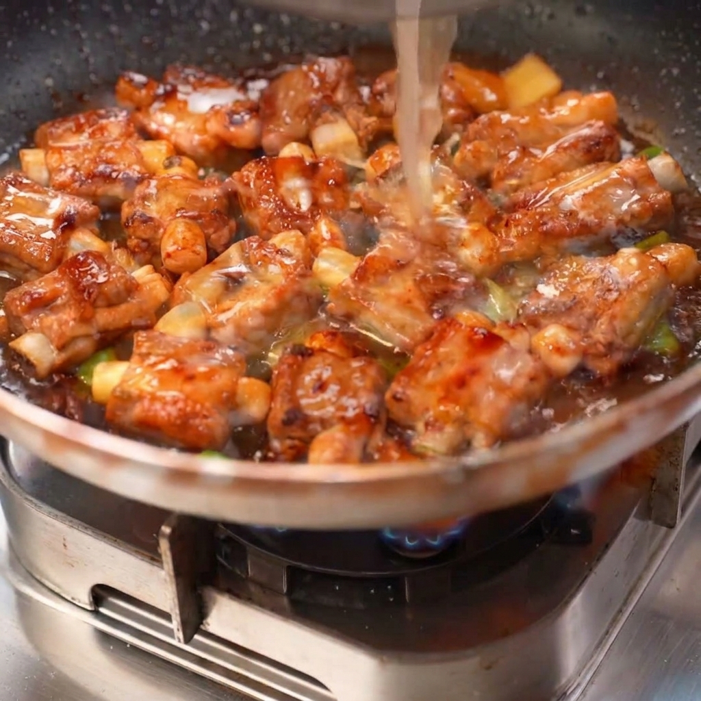 焼いたスペアリブに煮汁を注ぎ、氷砂糖や香味野菜と一緒にソースを煮詰めている様子。