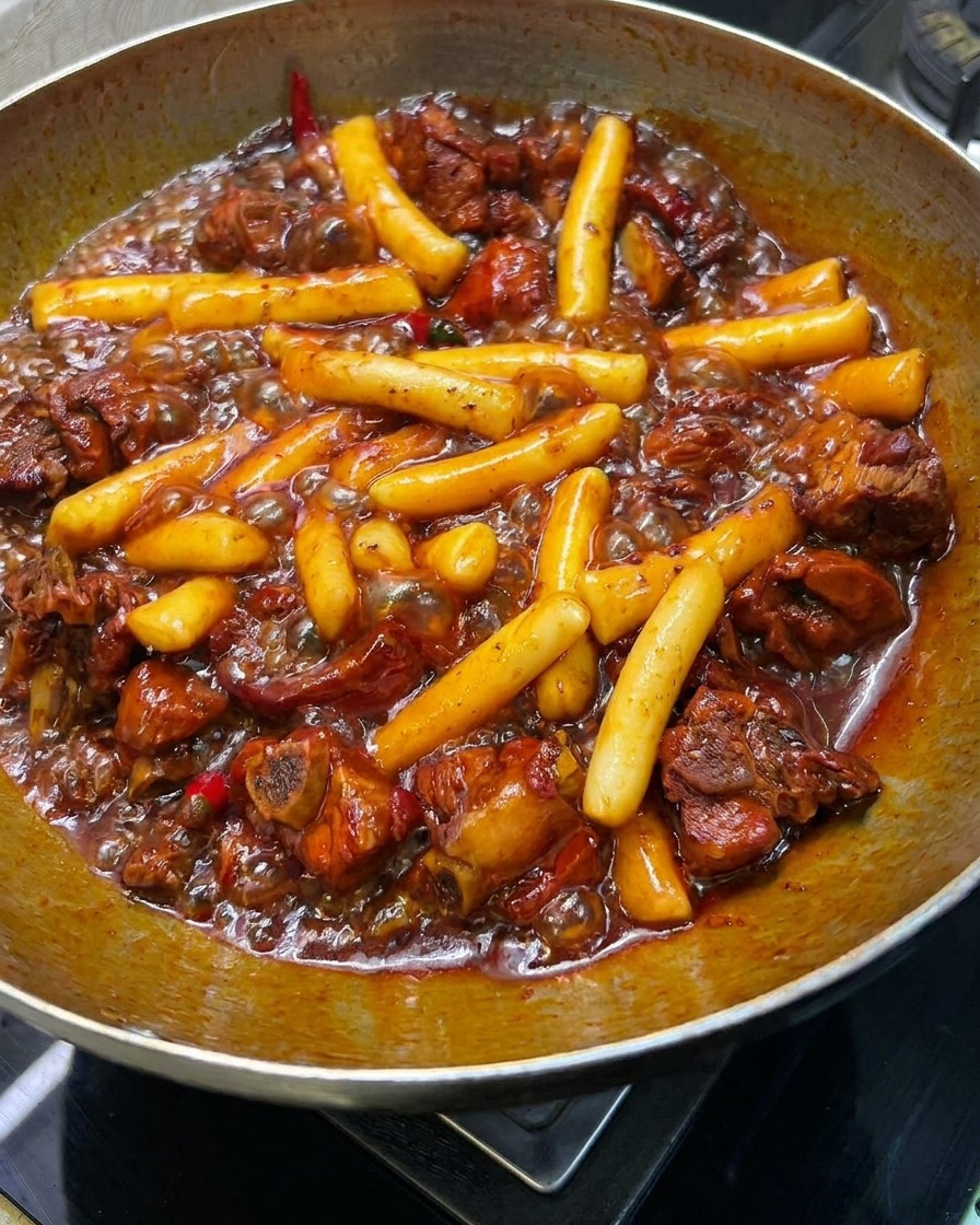 鍋の中でタレがとろりと肉と餅に絡んでいる様子