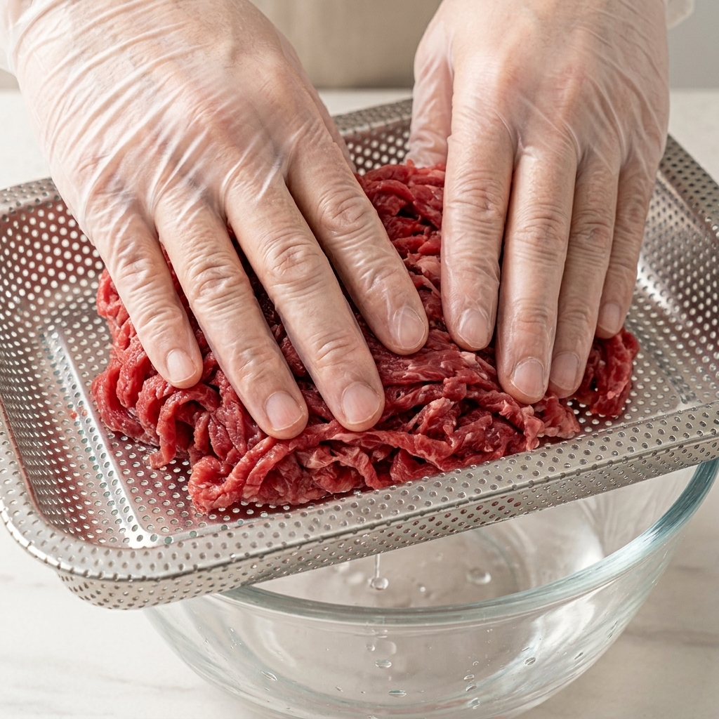 長方形の金属製ザルの中で、両手を使って生の薄切り牛肉を押し、余分な水気を絞っている様子。