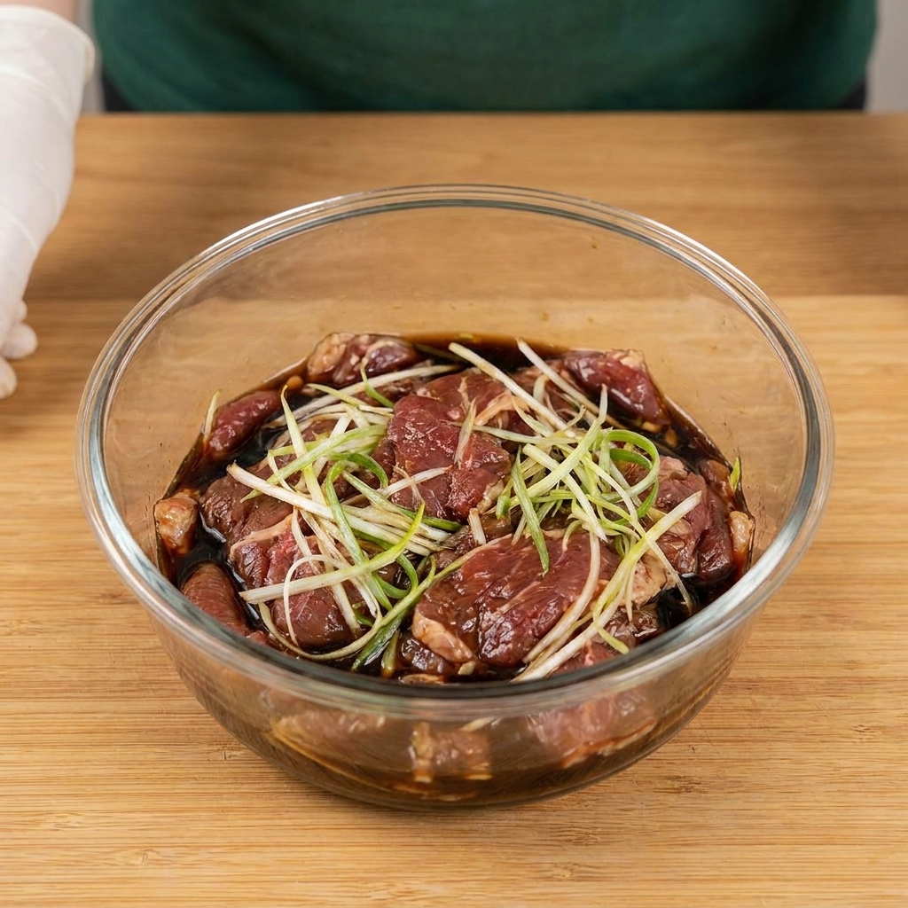 ガラスボウルの中で、牛肉、玉ねぎ、各種調味料がしっかりと混ぜ合わされたプルコギの漬け込み肉。