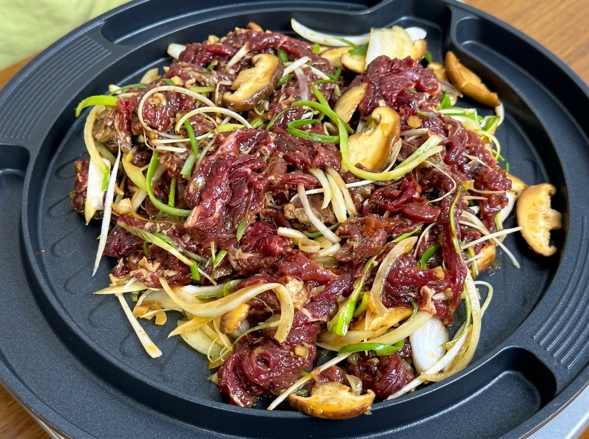 丸い焼肉プレートの上で、味付けされた牛肉、玉ねぎ、しいたけが音を立てて焼かれている様子。