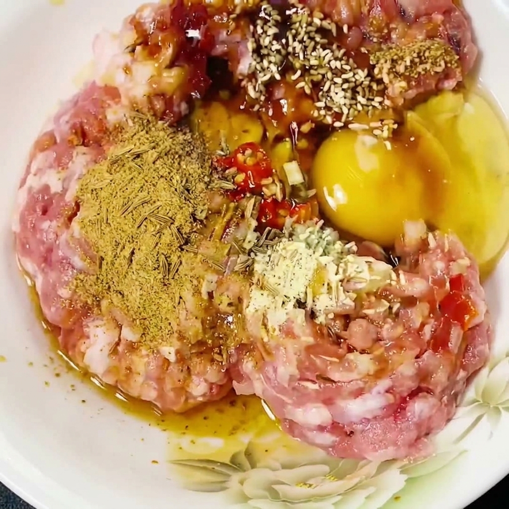 ボウルに入った豚ひき肉を菜箸で混ぜている様子。
