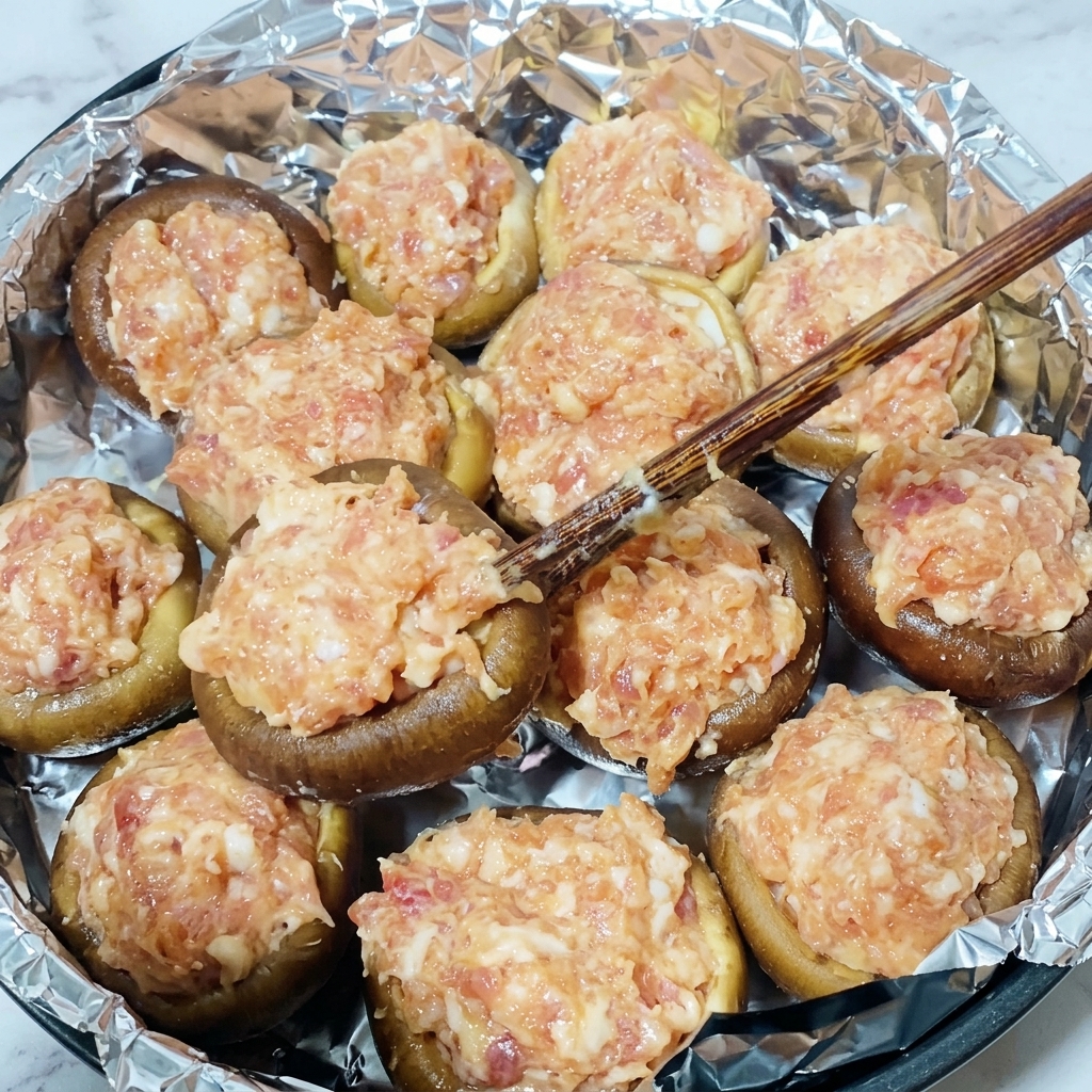 味付けした豚肉のタネをマッシュルームの傘に詰めている様子。