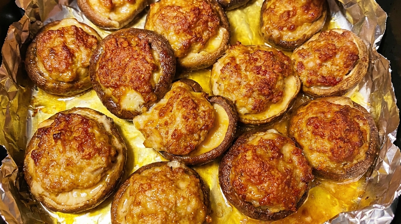 こんがりと黄金色に焼き上がった、ジューシーなノンフライヤースタッフドマッシュルーム。
