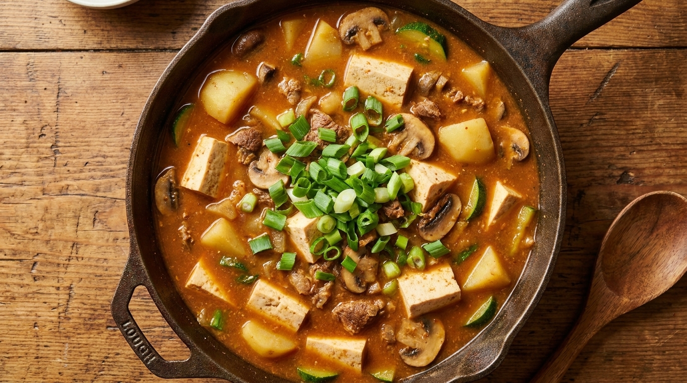 味付けされた牛肉の入った鍋に水を注いでいる様子。