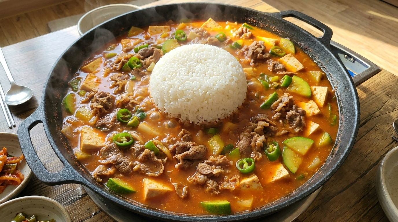 牛バラ肉たっぷりの韓国風テンジャンチゲ（ご飯添え）