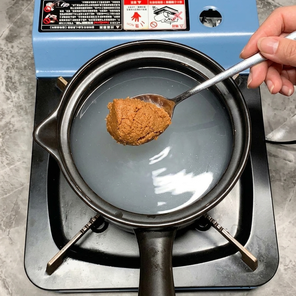 とぎ汁の入った鍋に茶色い韓国味噌を加えている様子。
