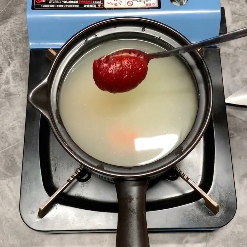 スープの入った鍋に、鮮やかな赤色のコチュジャンをスプーンで入れている様子。