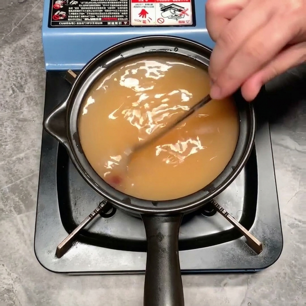 金属製のスプーンでスープをかき混ぜ、なめらかなオレンジ色の液体にしている様子。