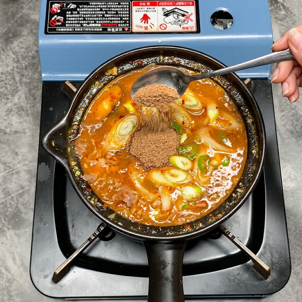 茶色い牛肉ダシの素を、グツグツと煮立つ濃厚な韓国チゲに加えている様子。