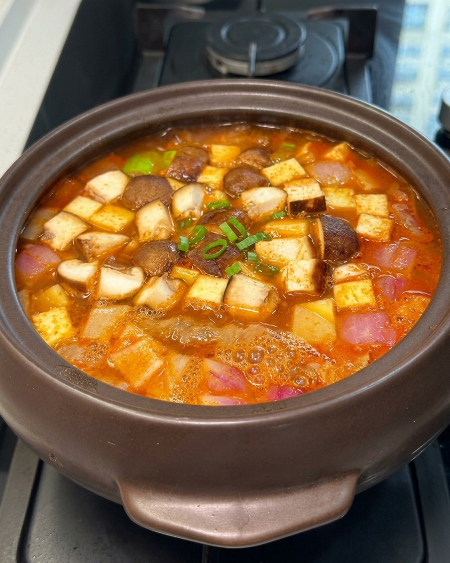 スパイシーな赤いスープに、豆腐の角切りと椎茸、玉ねぎが入った石鍋が煮立っている様子。