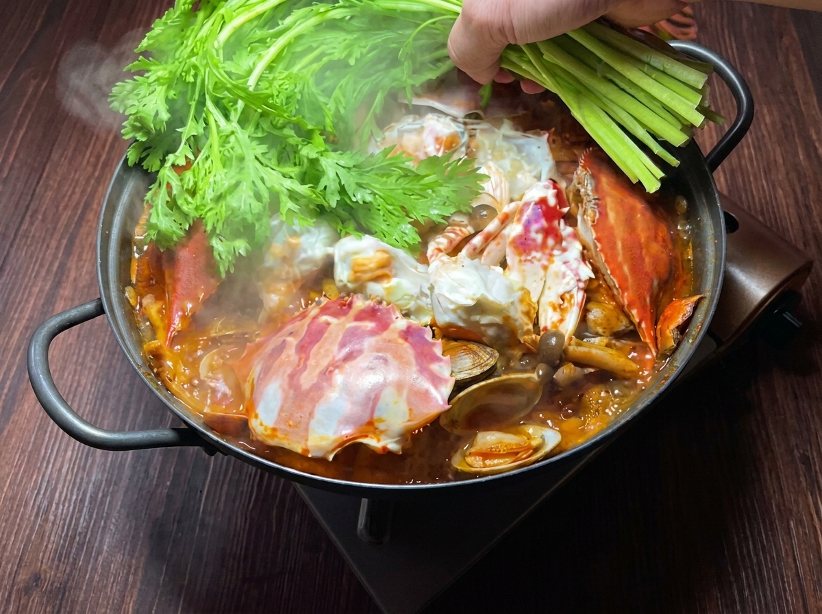 春菊とネギを加えて仕上げる様子。
