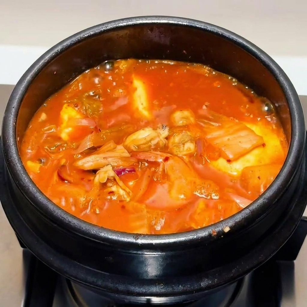 仕上げに刻みねぎを散らした、グツグツと煮える完成したキムチチゲ。