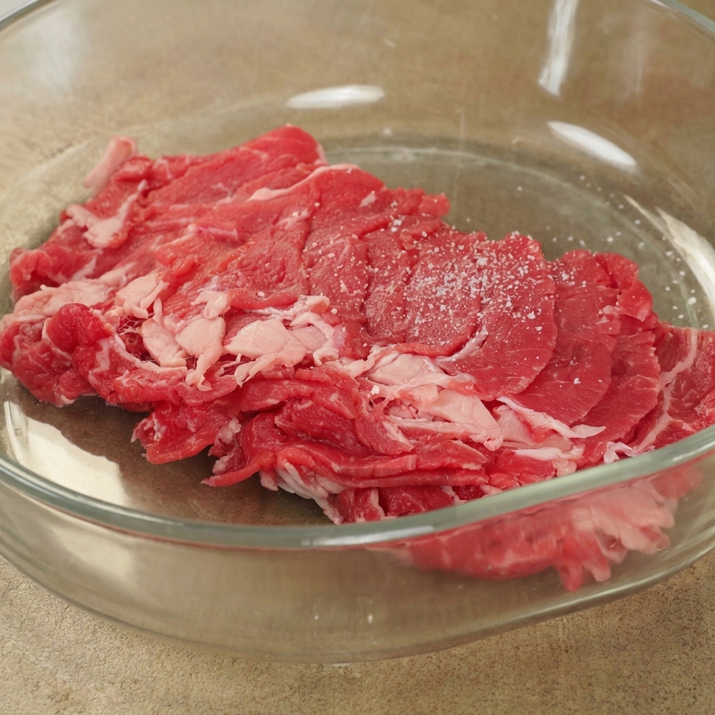 塩や調味料をまぶした生の牛薄切り肉が入ったボウル