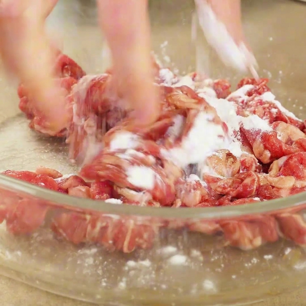 ボウルの中で牛肉と調味料を丁寧に混ぜ合わせる手