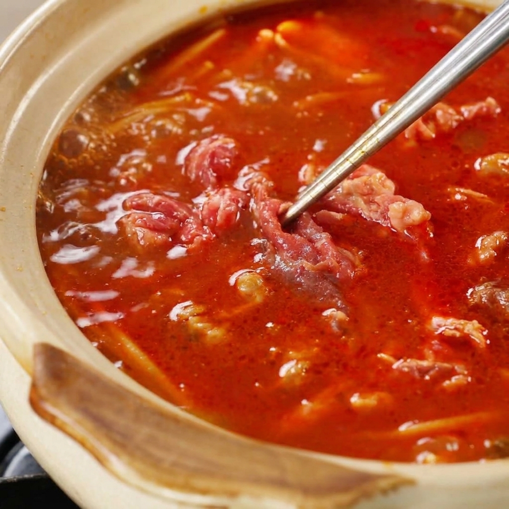 トングを使って赤いスープに牛肉を沈めている様子