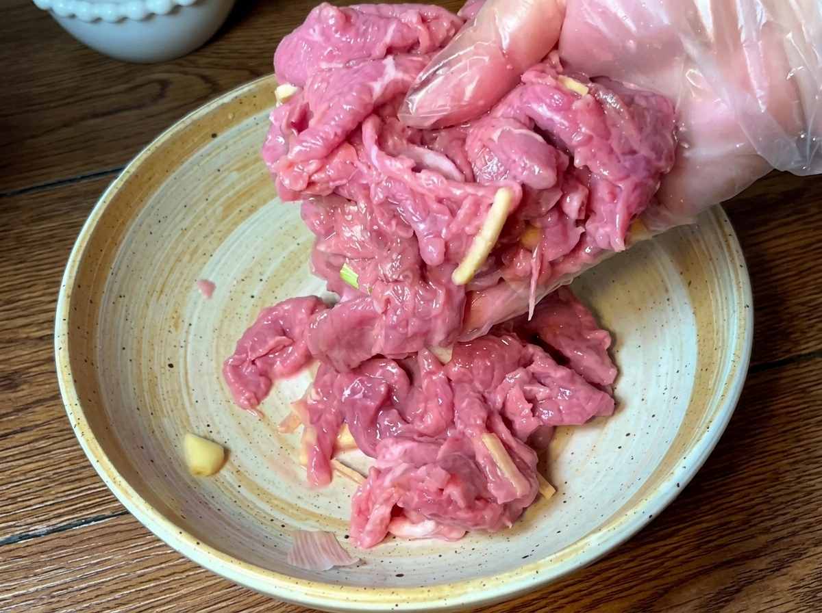 下味をつけた牛肉をフライパンで色がつくまで炒めている様子。
