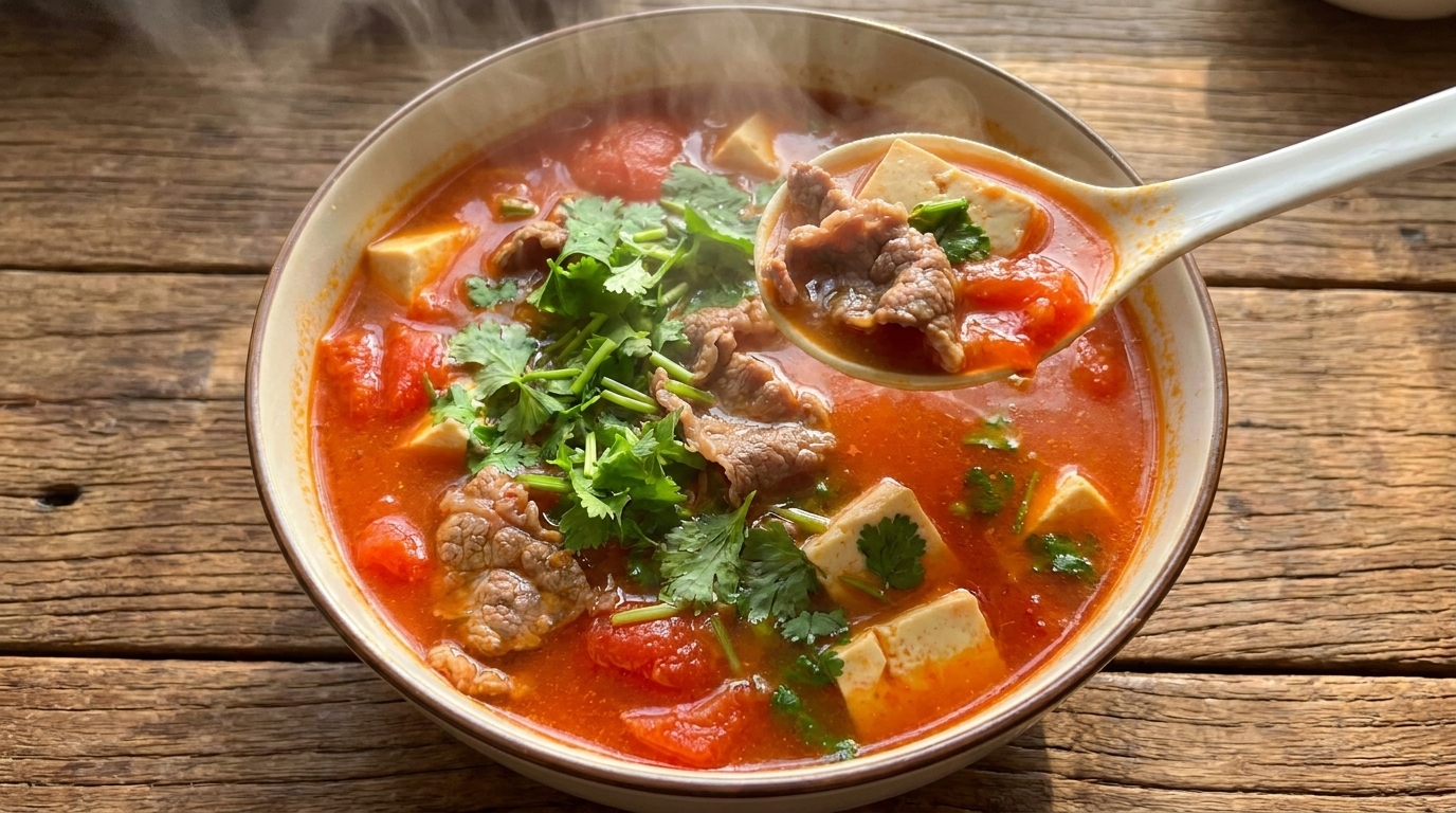 牛肉と絹ごし豆腐のトマトスープ