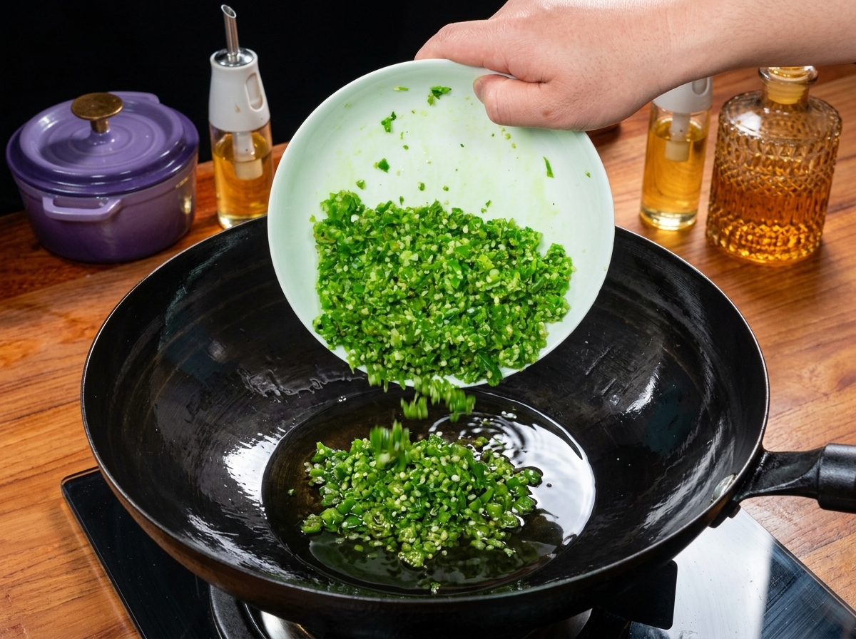 中華鍋で薬味が熱い油で弾けている様子。