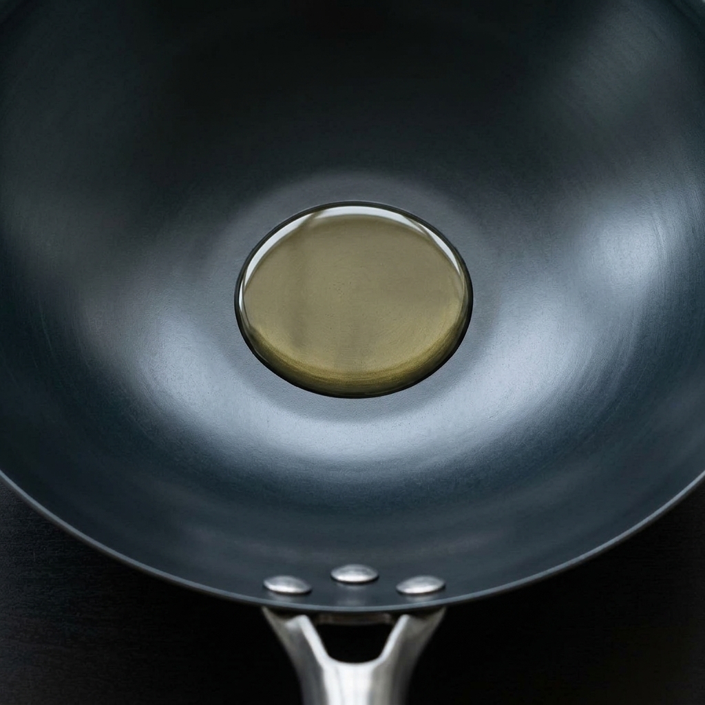 熱した鉄の中華鍋で、椎茸を油で炒めている様子。